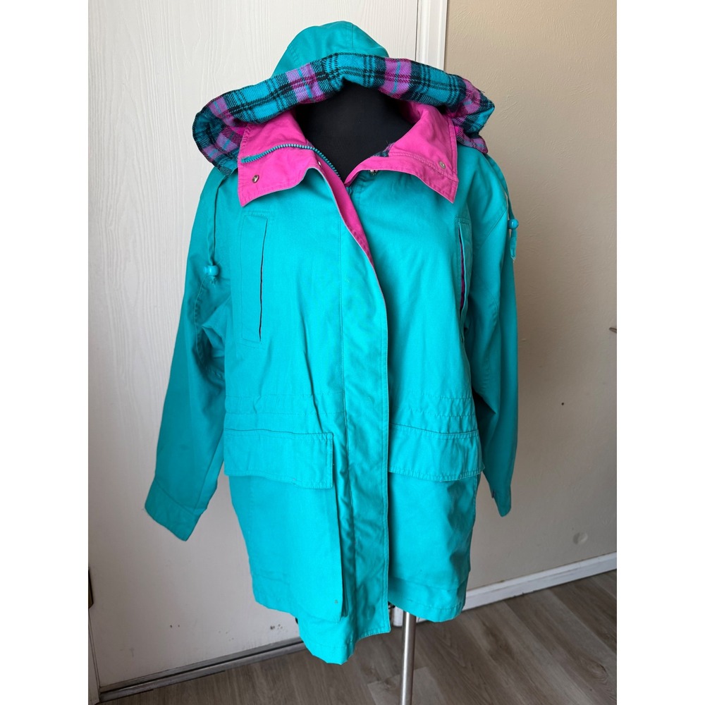 Vintage Pacific Trail Parka Jacket Teal Pink Plaid Lined Hooded 90s Retro Large